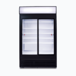 Image of a 945L black upright display fridge with lightbox and two doors, front view.