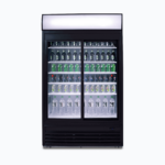 Image of a 945L black upright display fridge with lightbox and two doors, front view with drinks inside.