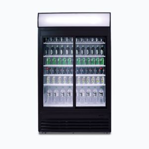 Image of a 945L black upright display fridge with lightbox and two doors, front view with drinks inside.