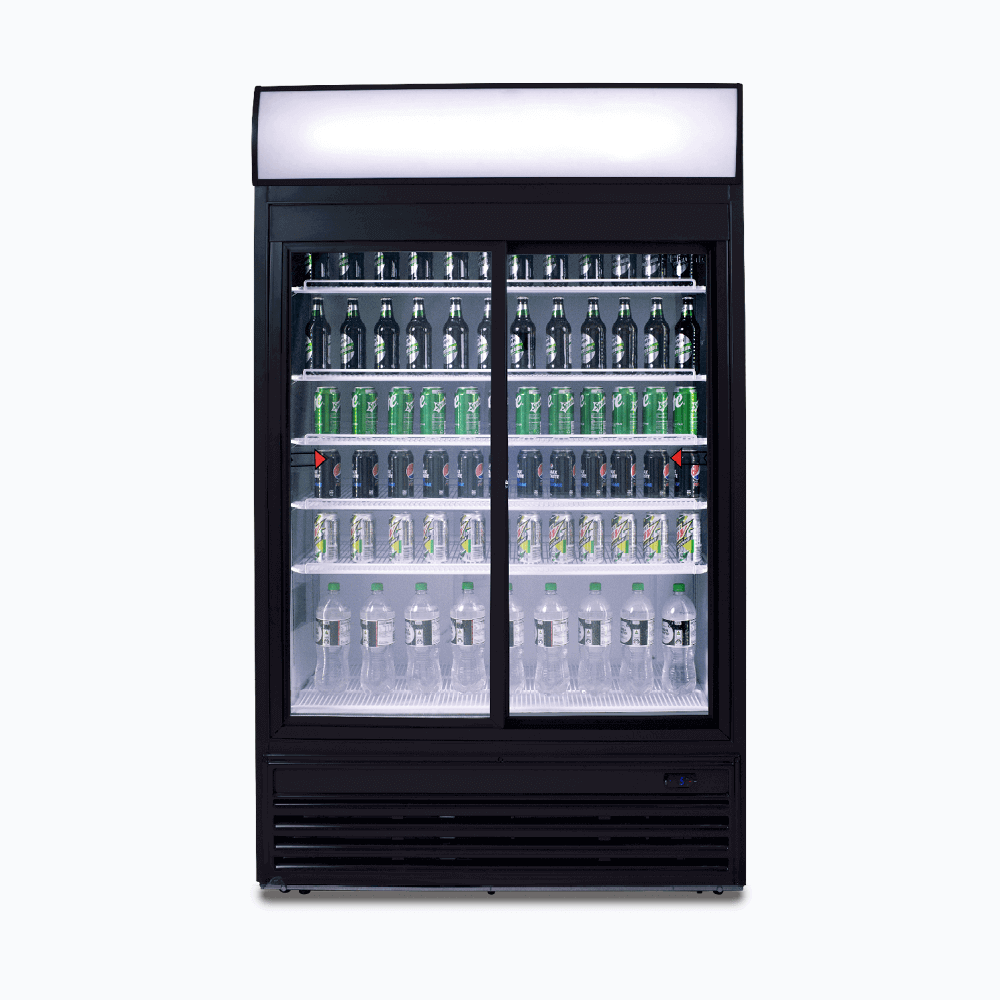 Image of a 945L black upright display fridge with lightbox and two doors, front view with drinks inside.