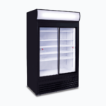 Image of a 945L black upright display fridge with lightbox and two doors, left angled view.