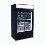 Image of a 945L black upright display fridge with lightbox and two doors, left angled view with drinks inside.