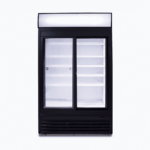 Image of a 945L black upright display fridge with lightbox and two doors opened.