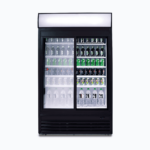 Image of a 945L black upright display fridge with lightbox and two doors, opened with drinks inside.