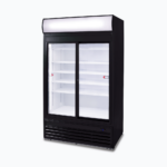 Image of a 945L black upright display fridge with lightbox and two doors, right angled view.
