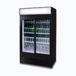 Image of a 945L black upright display fridge with lightbox and two doors, right angled view with drinks inside.