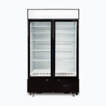 Image of a 960L black cassette upright display fridge with lightbox and two doors, front view.