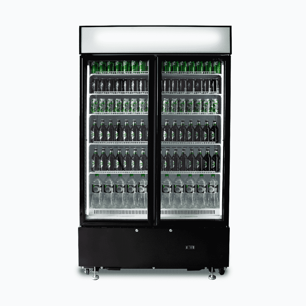 Image of a 960L black cassette upright display fridge with lightbox and two doors, front view with drinks inside.