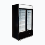 Image of a 960L black cassette upright display fridge with lightbox and two doors, left angled view.