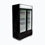 Image of a 960L black cassette upright display fridge with lightbox and two doors, left angled view with drinks inside.
