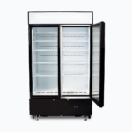 Image of a 960L black cassette upright display fridge with lightbox and two doors opened.