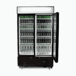 Image of a 960L black cassette upright display fridge with lightbox and two doors opened with drinks inside.