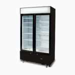 Image of a 960L black cassette upright display fridge with lightbox and two doors, right angled view.