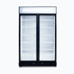 Image of an 885L black upright display fridge with lightbox and two doors, front view.