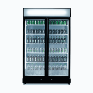 Image of a 960L black upright display fridge with lightbox and two doors, front view with drinks inside.