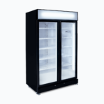 Image of an 885L black upright display fridge with lightbox and two doors, left angled view.
