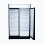 Image of a 960L black upright display fridge with lightbox and two doors opened.