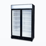 Image of a 960L black upright display fridge with lightbox and two doors, right angled view.