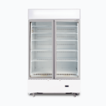 Image of a 960L white cassette upright display fridge with lightbox and two doors, front view.