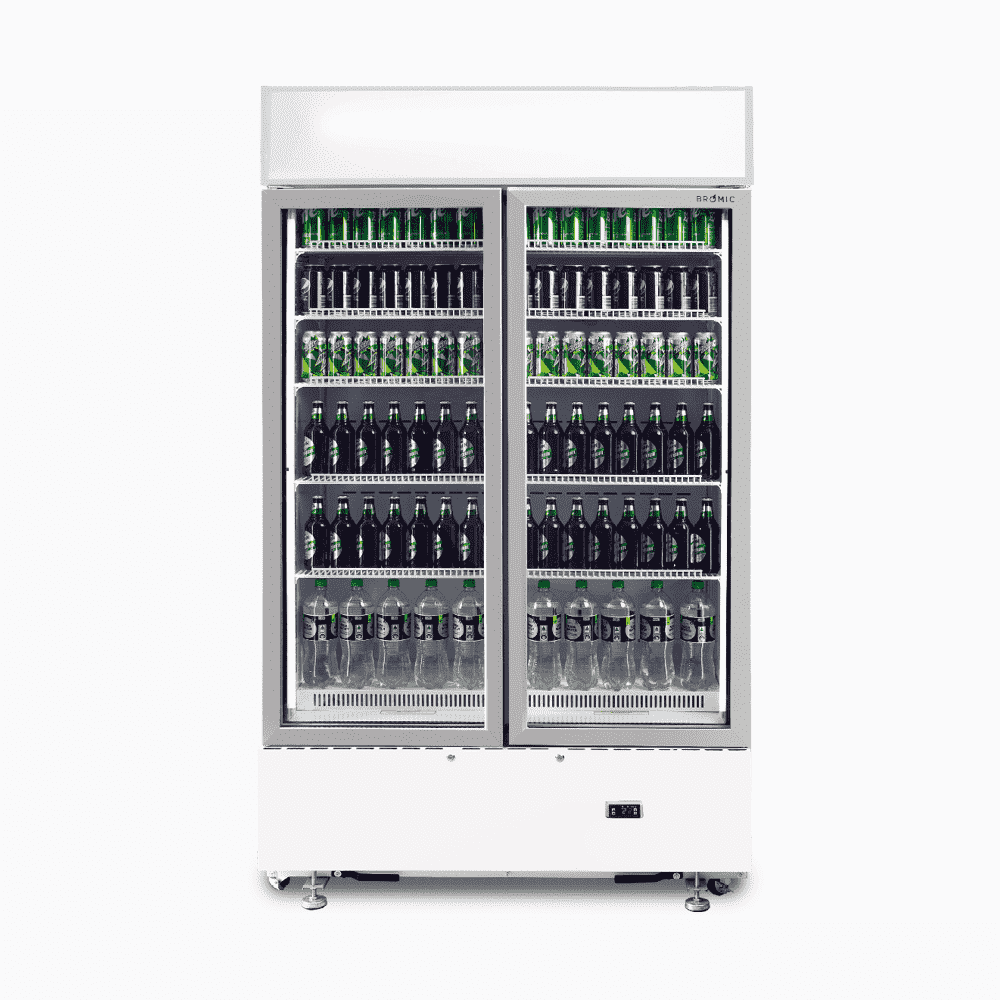 Image of a 960L white cassette upright display fridge with lightbox and two doors, front view with drinks inside.