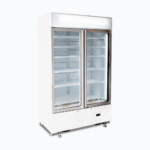 Image of a 960L white cassette upright display fridge with lightbox and two doors, left angled view.