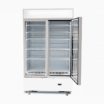 Image of a 960L white cassette upright display fridge with lightbox and two doors opened.