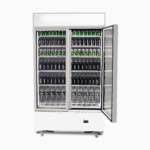 Image of a 960L white cassette upright display fridge with lightbox and two doors opened with drinks inside.