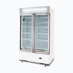 Image of a 960L white cassette upright display fridge with lightbox and two doors, right angled view.