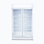 Image of a 960L white upright display fridge with lightbox and two doors, front view.