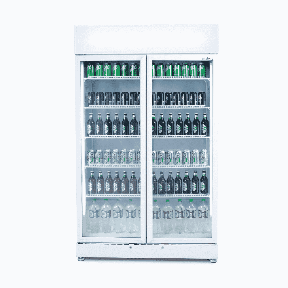 Image of a 960L white upright display fridge with lightbox and two doors, front view with drinks inside.