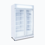 Image of an 885L white upright display fridge with lightbox and two doors, left angled view.