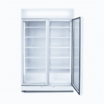 Image of a 960L white upright display fridge with lightbox and two doors opened.