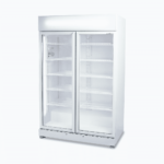 Image of an 885L white upright display fridge with lightbox and two doors, right angled view.
