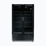 Image of a 1126L black upright display fridge with two doors, front view.