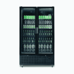 Image of a 1126L black upright display fridge with two doors, front view with drinks inside.
