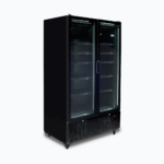Image of a 1126L black upright display fridge with two doors, left angled view.