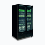 Image of a 1126L black upright display fridge with two doors, left angled with drinks inside.