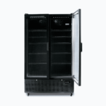Image of a 1126L black upright display fridge with two doors opened.