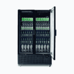 Image of a 1126L black upright display fridge with two doors opened with drinks inside.