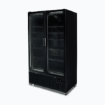 Image of a 1126L black upright display fridge with two doors, right angled view.