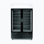 Image of a 1082L black upright display fridge with lightbox and two doors, front view.