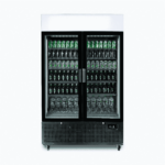 Image of a 1082L black upright display fridge with lightbox and two doors, front view with drinks inside.