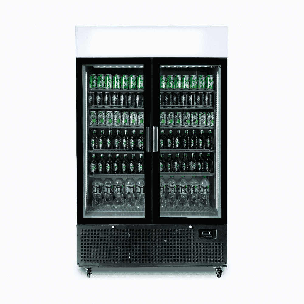 Image of a 1082L black upright display fridge with lightbox and two doors, front view with drinks inside.