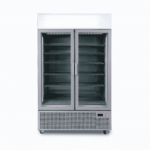 Image of a 1082L silver upright display fridge with lightbox and two doors, front view.