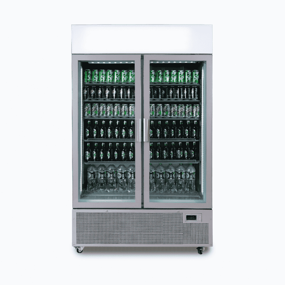 Image of a 1082L silver upright display fridge with lightbox and two doors, front view with drinks inside.