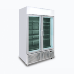 Image of a 1082L silver upright display fridge with lightbox and two doors, left angled view.