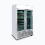 Image of a 1082L silver upright display fridge with lightbox and two doors, left angled view with drinks inside.
