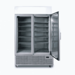 Image of a 1082L silver upright display fridge with lightbox and two doors opened.