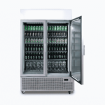 Image of a 1082L silver upright display fridge with lightbox and two doors opened with drinks inside.