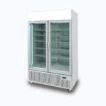 Image of a 1082L silver upright display fridge with lightbox and two doors, right angled view.